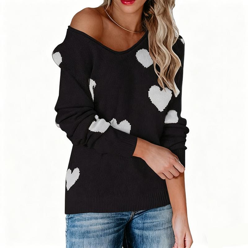 Ladies Autumn Winter Long Sleeve V Neck Pullover Love Heart Loose Knitted Sweater Knitwear Top