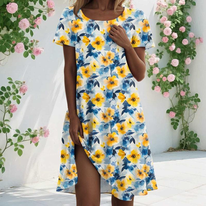 

Womens Summer Dresses 2026 Ruffle Sleeve Round Neck Loose Swing Sundresses With Pockets Plain/Print robe femme S