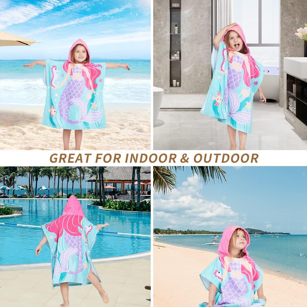 100% Cotton Hooded Towel for Toddlers 2-6 Years Boys Girls Kids Bath Pool Beach Towel Soft Absorbent Beach Poncho Little Mermaid