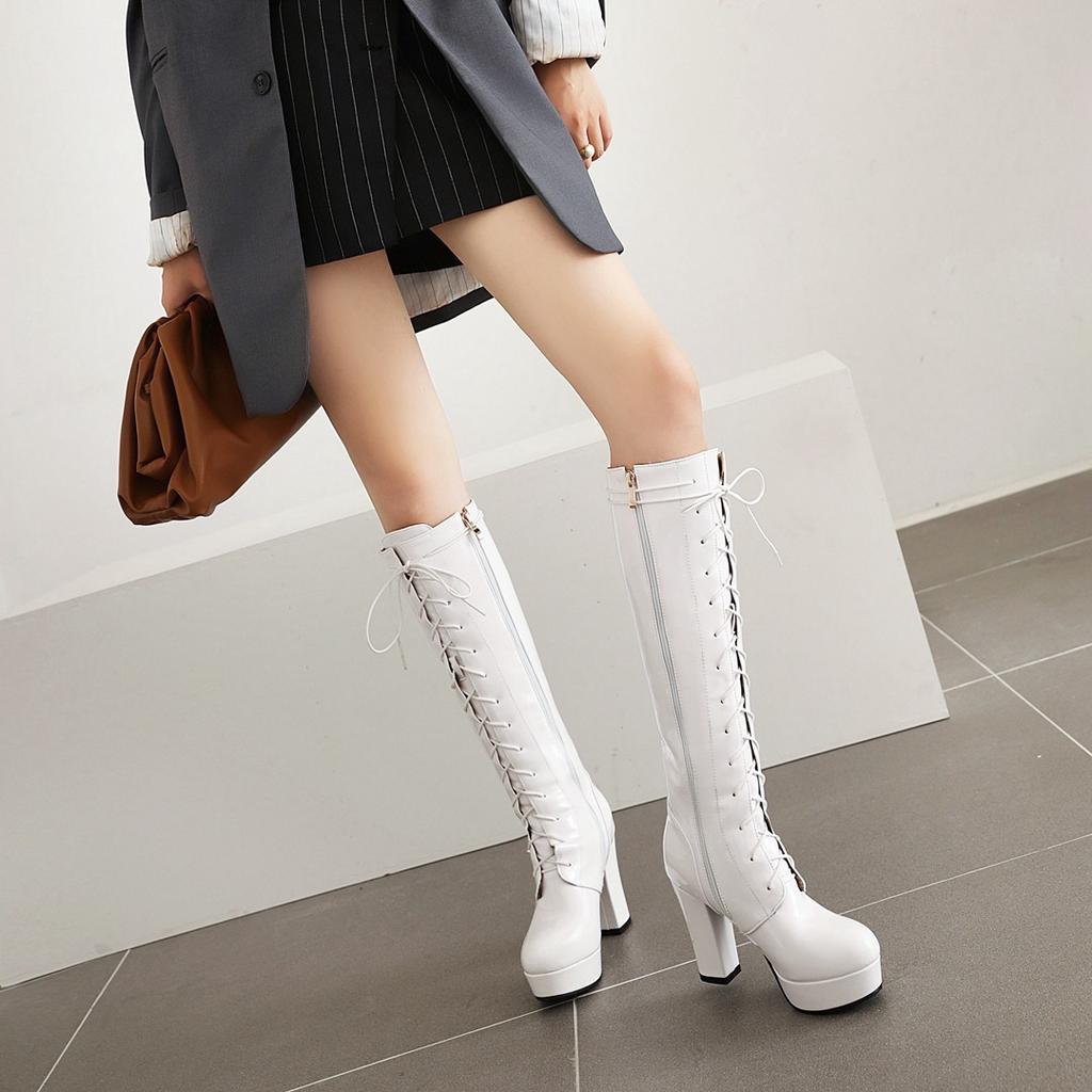 Large Size Spring Boots Waterproof Platform Thick High Heel Cross Strap High Boots H