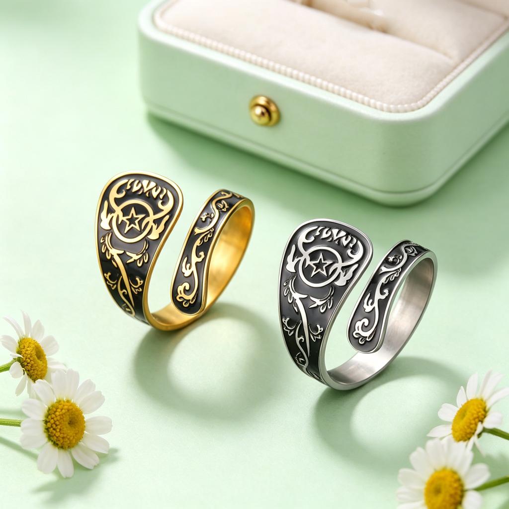 Handsome Retro Pentagram Open Ring Stainless Steel Open Ring Star Spoon Shaped Good Luck Symbol Ring Men's and Women's Jewelry