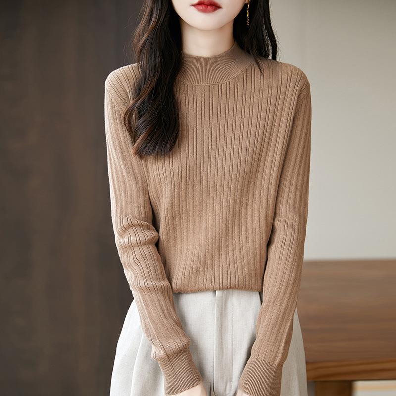 Women's Uneven Stripe Ribbed Cotton Knit Sweater - Half-High Neck Autumn/Winter Inner Layer Top