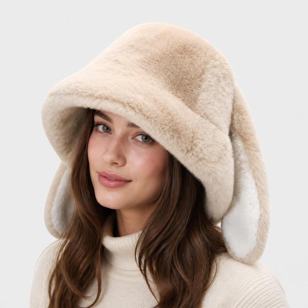 Winter Warm Fisherman Hat Soft Pullover Hat Cute Rabbit Ear Bucket Hat  For Women