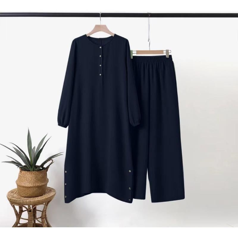 

Новая мусульманская женская одежда, рубашка с круглым вырезом и планкой, рукавами-буфами, декоративной деревянной пряжкой на боковом шве, модный повседневный костюм 5XL темно-синий