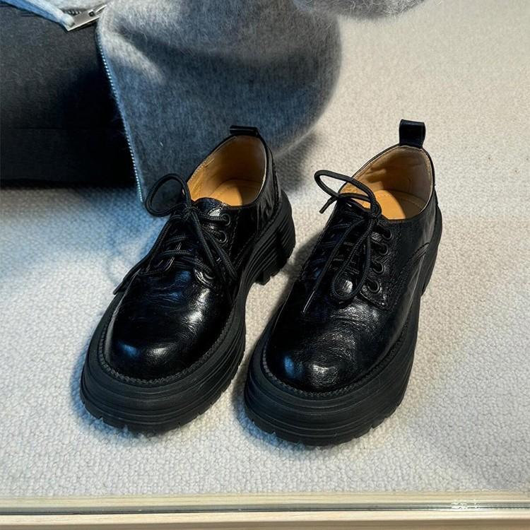 Sheepskin version~ thick-soled British leather lace-up small leather shoes women's versatile retro college style thick heel round head loafers