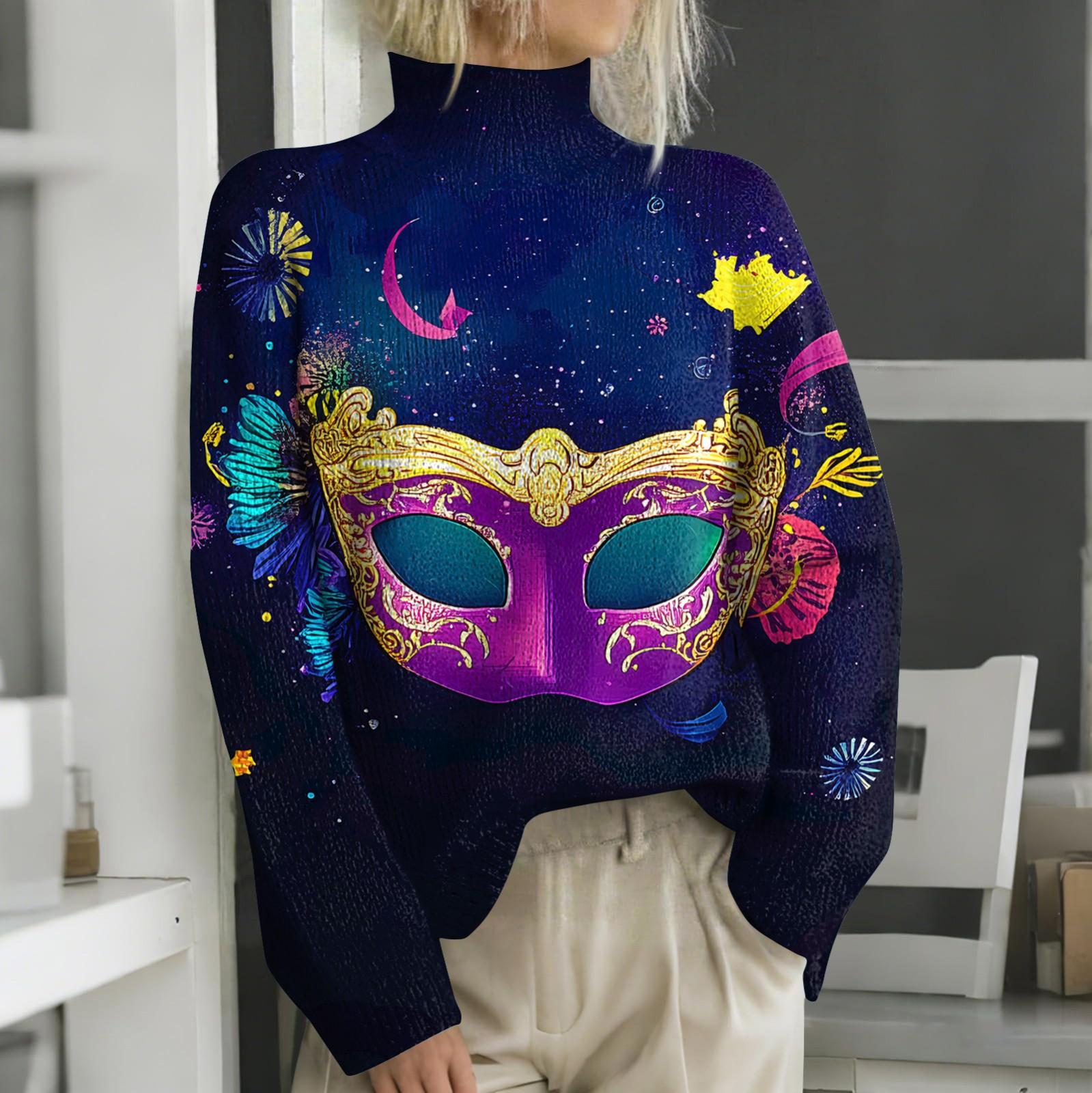 

Женская мода повседневная водолазка с длинным рукавом и принтом карнавала XXXL