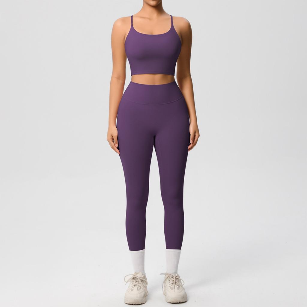 Women's Fashion Solid Color Back Top Tight Breathable Yoga Suit Set Sports Running Fitness Pants Two Piece Set