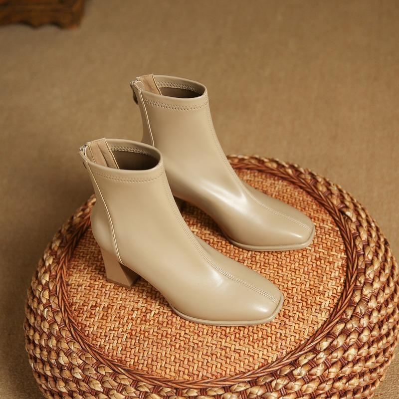 New women's boots high heel square head short boots Martin boots rear zipper short boots spring and autumn single boots women's thick heel boots