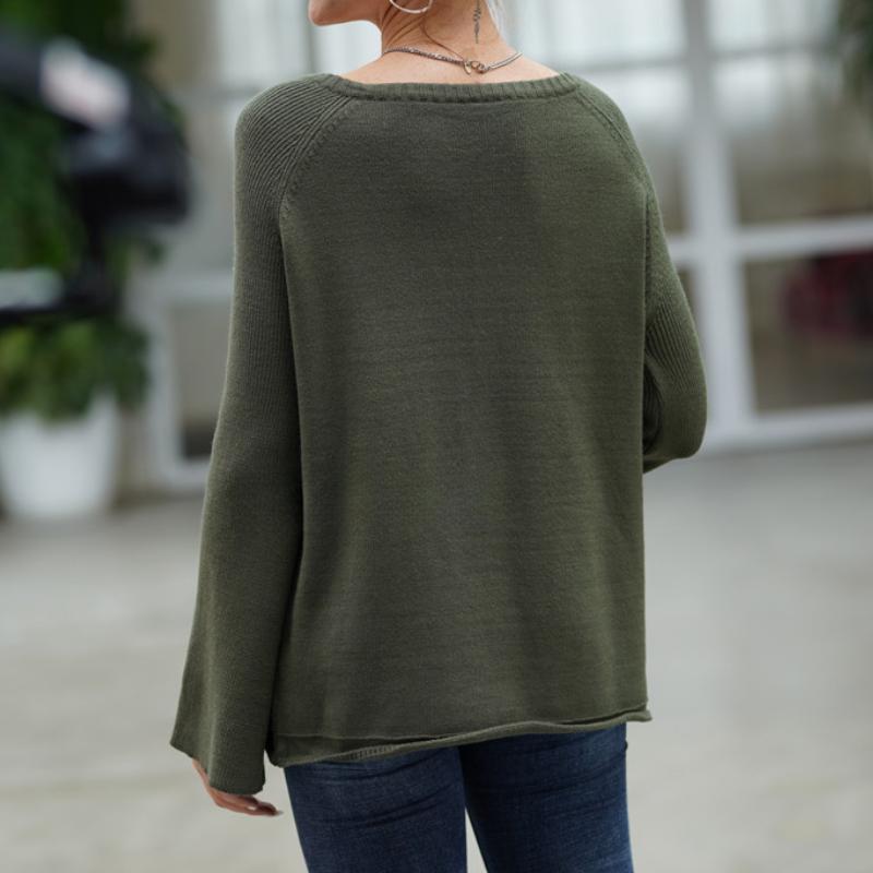 IHUASU Women's Autumn and Winter Solid Colour Pullover Jumper Temperament Commuter V-neck Large Size Loose Knit Sweater