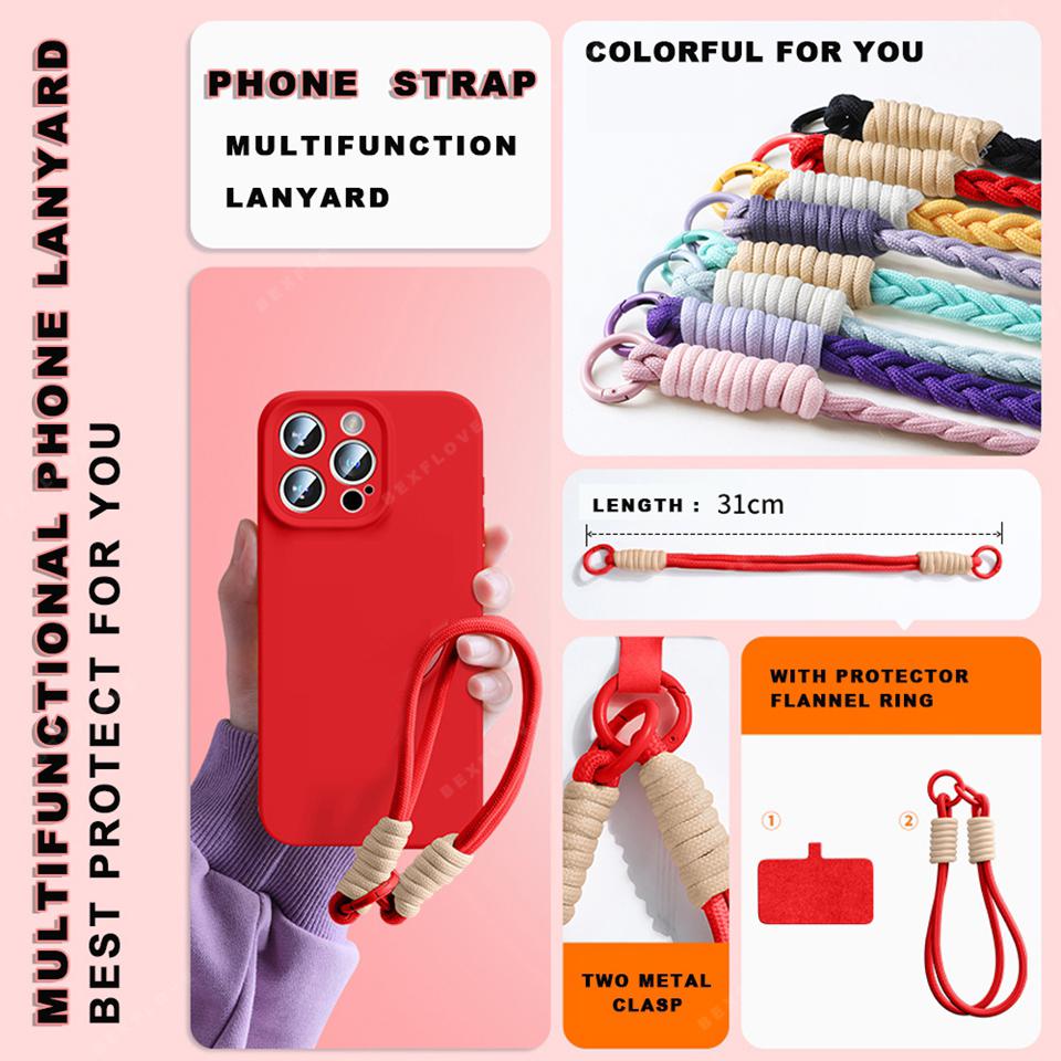 Strap Phone Case For iPhone 16 14 15 Plus 12 13 Mini 11 16 Pro X XR XS Max 16E SE Lanyard Liquid Silicone Protector Soft Cover