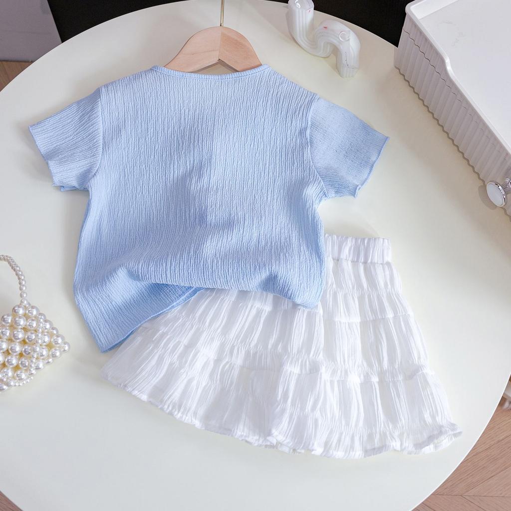 Zestaw Dziewczęcy Lato Nowy Dziecięcy Top z Krótkim Rękawem Letnia Spódniczka do Połowy Dwuczęściowy Zestaw