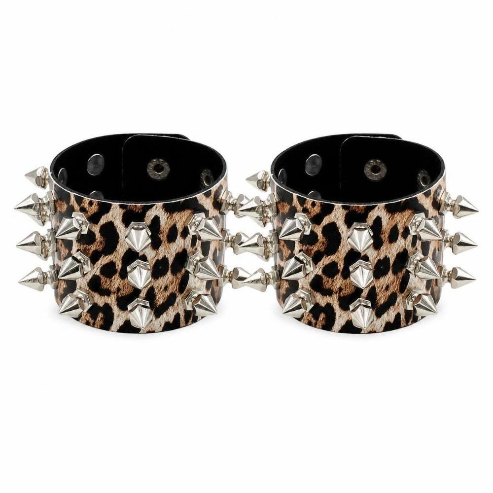 2pcs/set Adjustable Punk Goth Bracelet Wide PU Leather Bangle Leopard Wristband  Harajuku