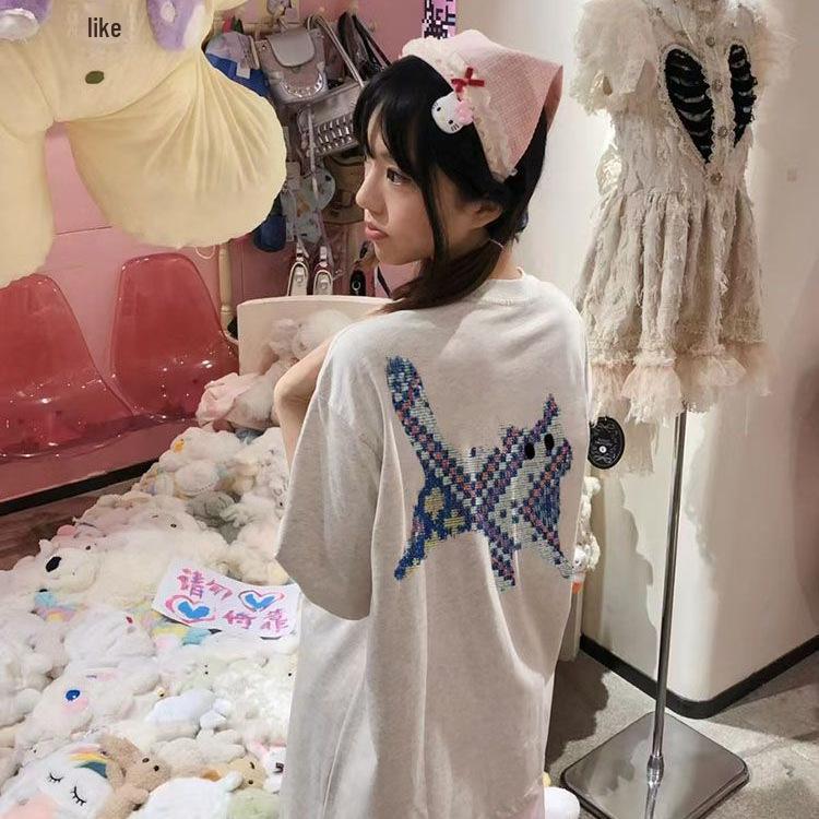 

230g Pure Cotton Cat Embroidered Crew Neck Unisex Loose Fit Summer T-Shirt - American Style XXL (130-150 Jin) світло-сірий колір