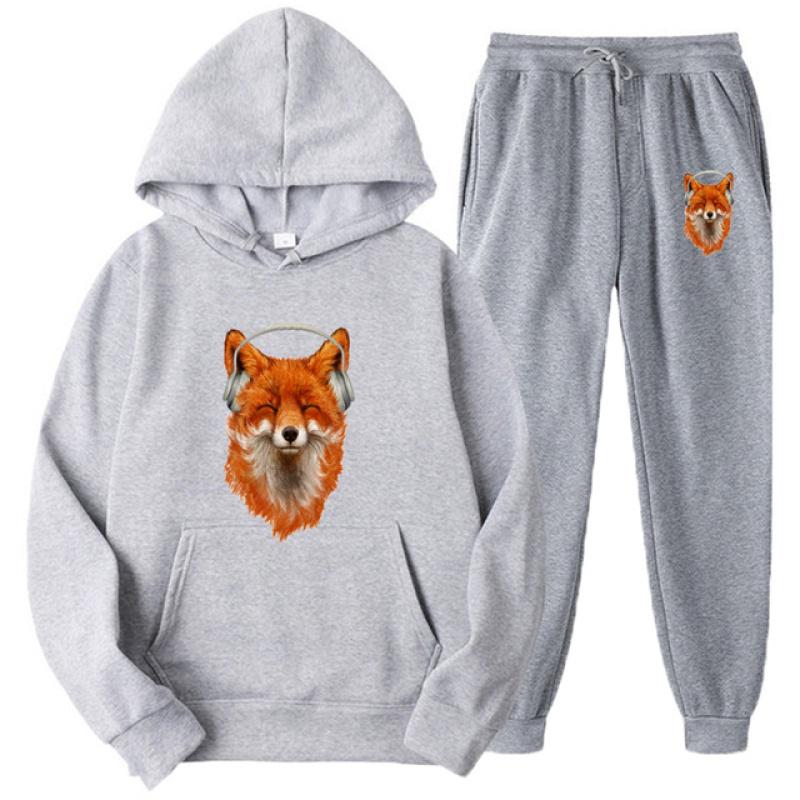 Cute Smiling Musical Fox Print Men Women Tracksuit Sets Casual Hoodie+Pants 2pcs Sets Oversized Pullover Fashion Unisex Clothing