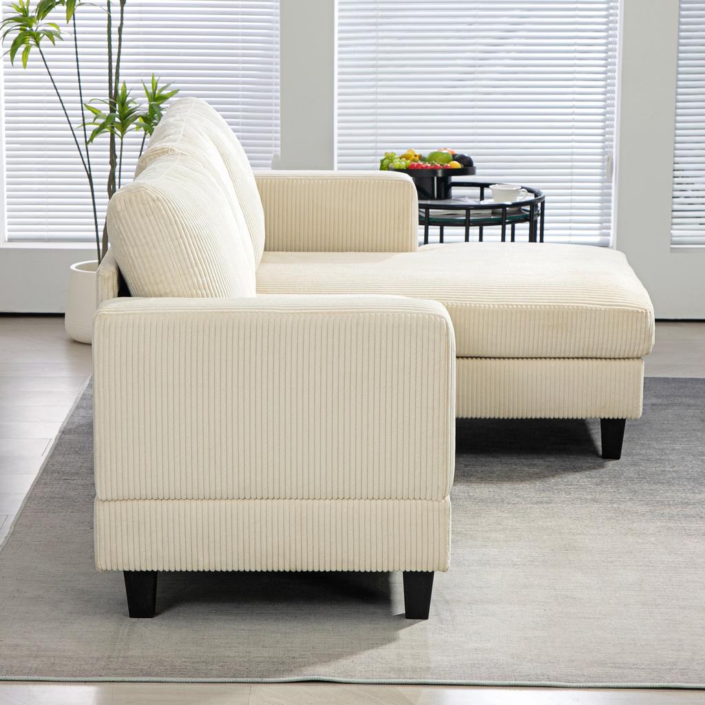 Chaise Longue Sofa 3-Seater L-Shaped Upholstered in Corduroy Padded Seat and Backrest 214x134x87 cm Beige