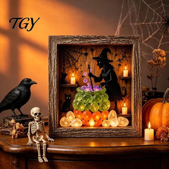 DIY Memory Box Display Lighted Halloween Ghost Shadow Kit, Wooden Frame LED Warm Light, Gothic Decorative Lamp with Crystal Glass Panel, Night