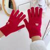 Bear knitted wool gloves winter warm touch screen cute solid color embroidery split finger opening leak finger tide