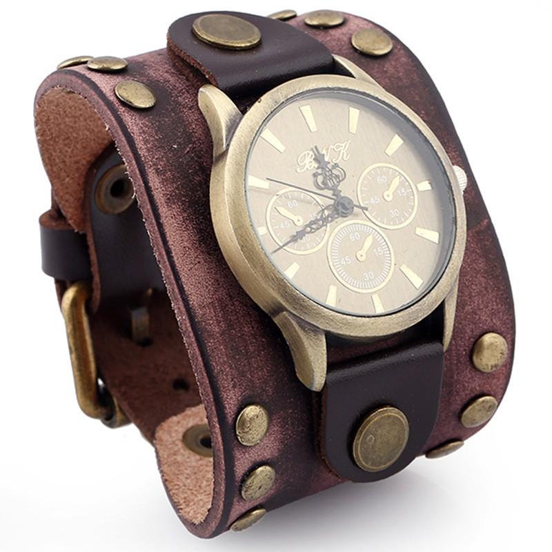Mens Punk Style Vintage Leather Bracelet Watch With Rivets Wide Cuff Band Casual Fashion