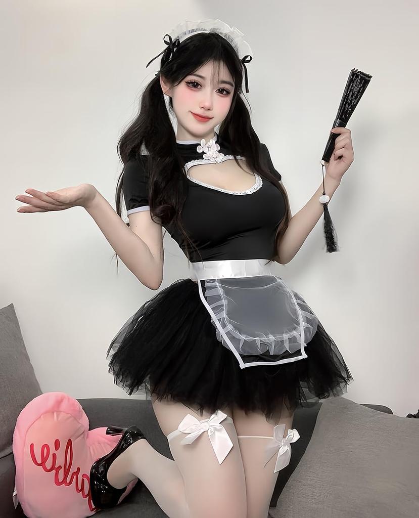 Maid Uniform Disguise Open Chest Sexy Cosplay Black White Lace Miniskirt Cosplay Halloween One Piece Short Sleeve Extreme Exposure Sexy Erotic