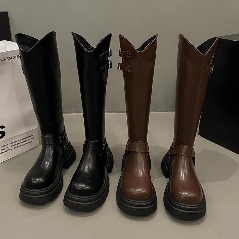 Long leather boots women's leather boots 2024 winter new round head thick heel knight boots foreign fashion boots two kinds and high women's