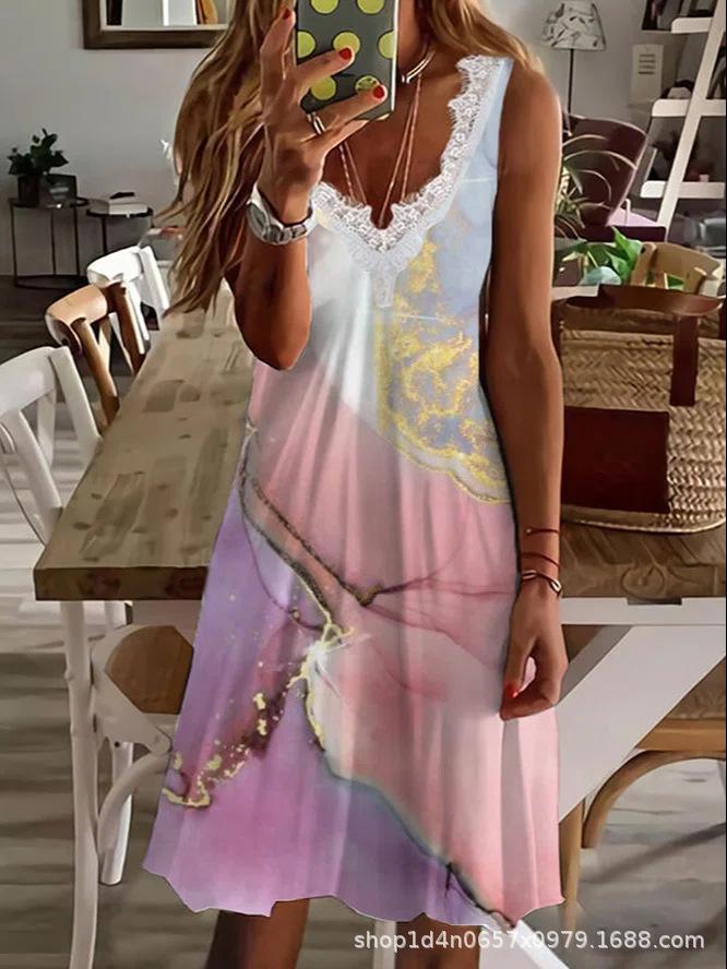 New European and American hot-selling women's clothing fast-selling T strap V-neck lace fashion printed dress