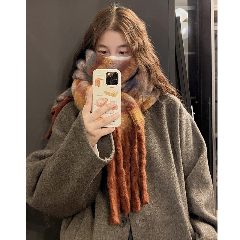 Rainbow scarf women's plaid mohair warm shawl versatile winter new high-end windproof plush scarf men