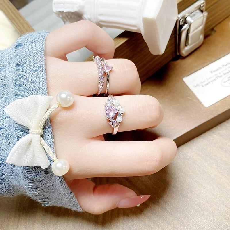 Sweet Full Diamond Pink Love Zir*****Pen Ring Color Treasure Niche Light Luxury High Sense Stacking Wearing Personalized Ring Woman