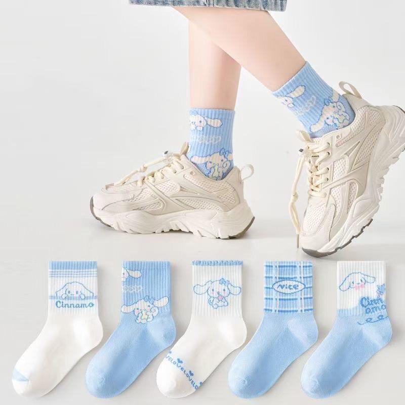 Women Cute Cartoon Mid Calf Socks Breathable Cotton Casual Socks 5 Pairs Pack Comfortable Soft Daily Wear
