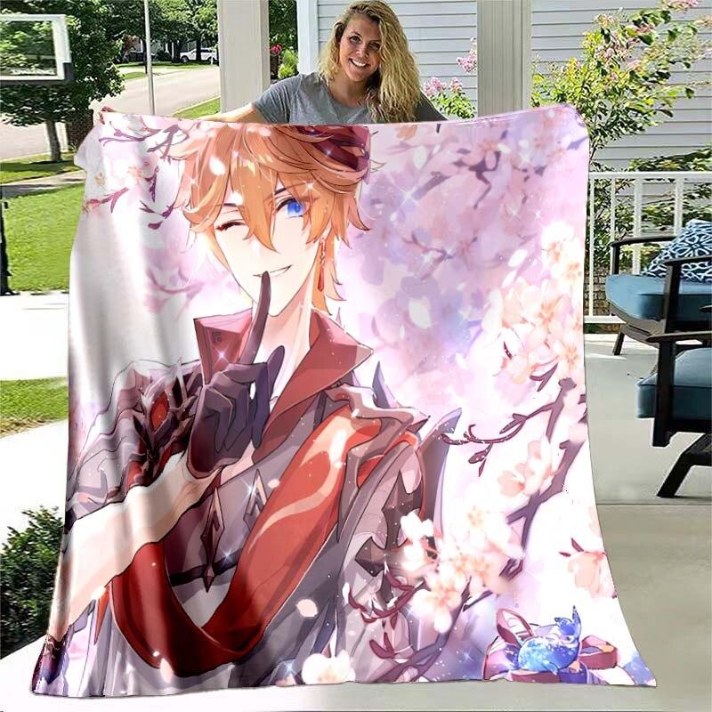 Game Genshin Impact Flannel Throw Blanket Gamer Cartoon Bedspread Smooth Soft Warm Gamer Gift Bed Sofa Home Bedroom Office Decor