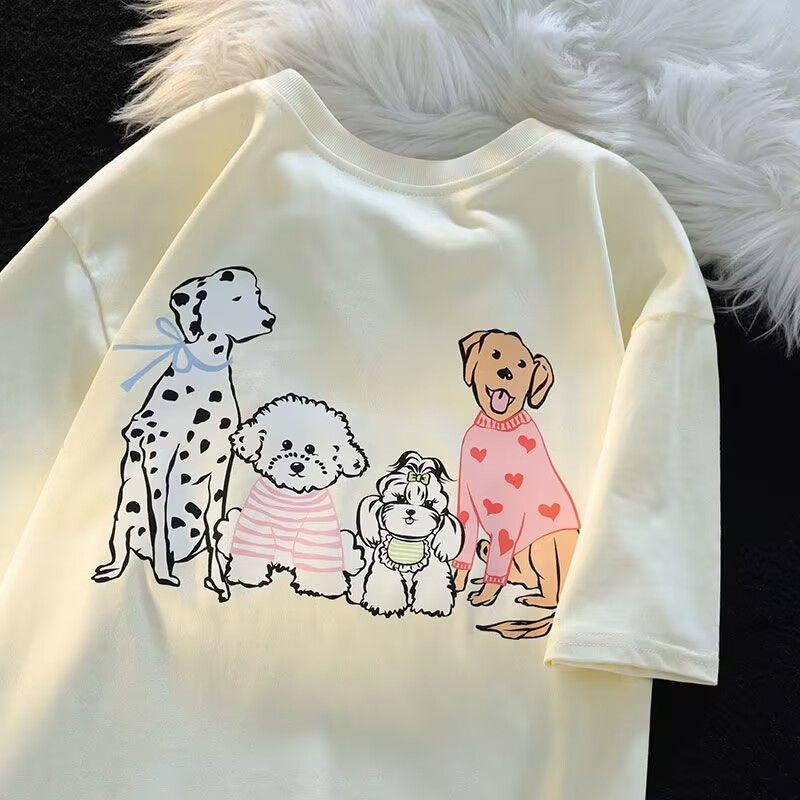 American High Street Vintage Chic Fun Cute Dog Short Sleeve Womens Summer Harajuku Short Sleeve Casual Aesthetic Clothes