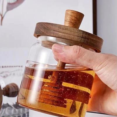 Transparent Glass Honey Jar with Wooden Lid Mixing Rod Sealed Tank Home Kitchen Honey Sealed Storage Jars Honey Containers