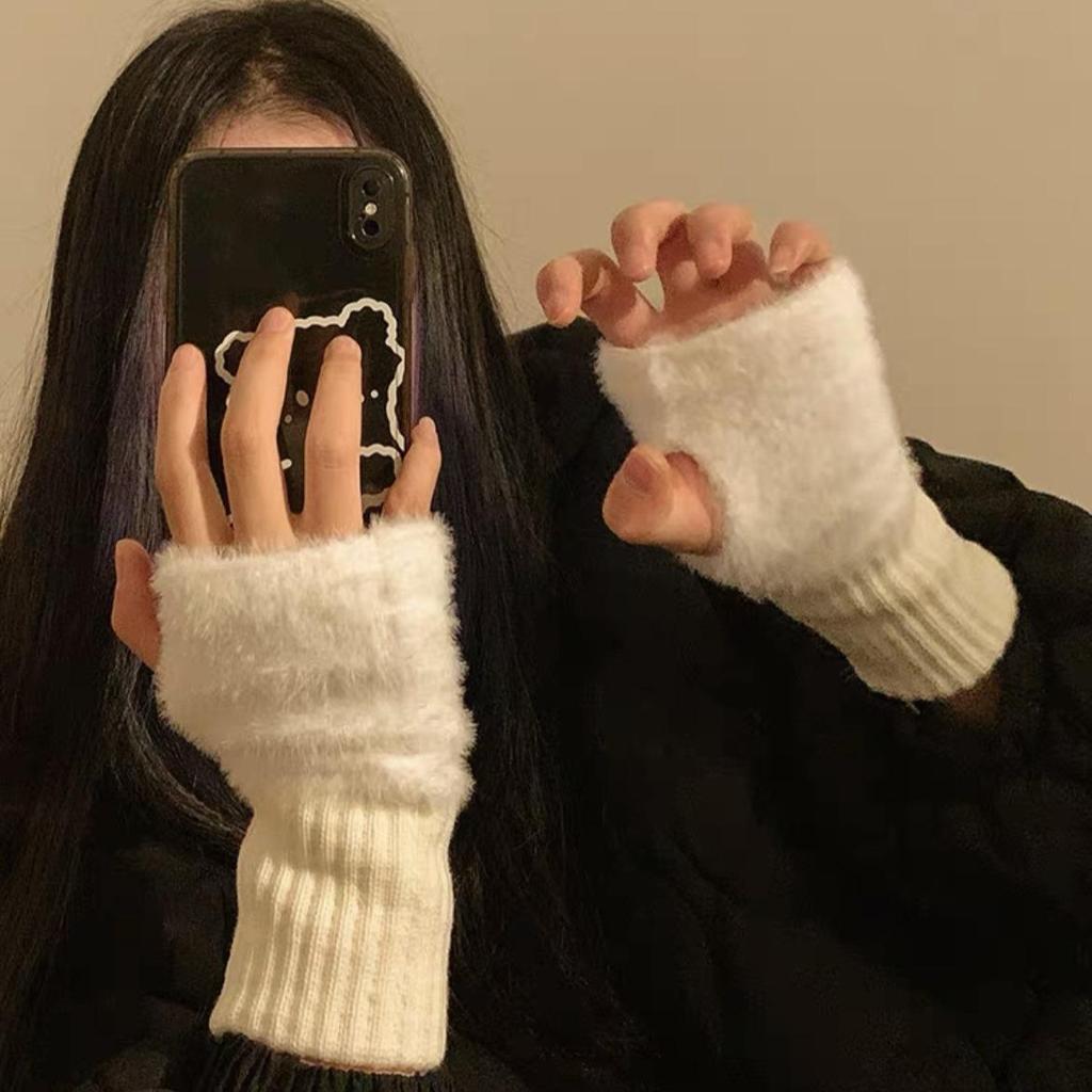 Soft Winter Half Finger Gloves Women Warm Luxury Solid White Plush Knitted Fingerless Gloves Wrist Mittens Writting
