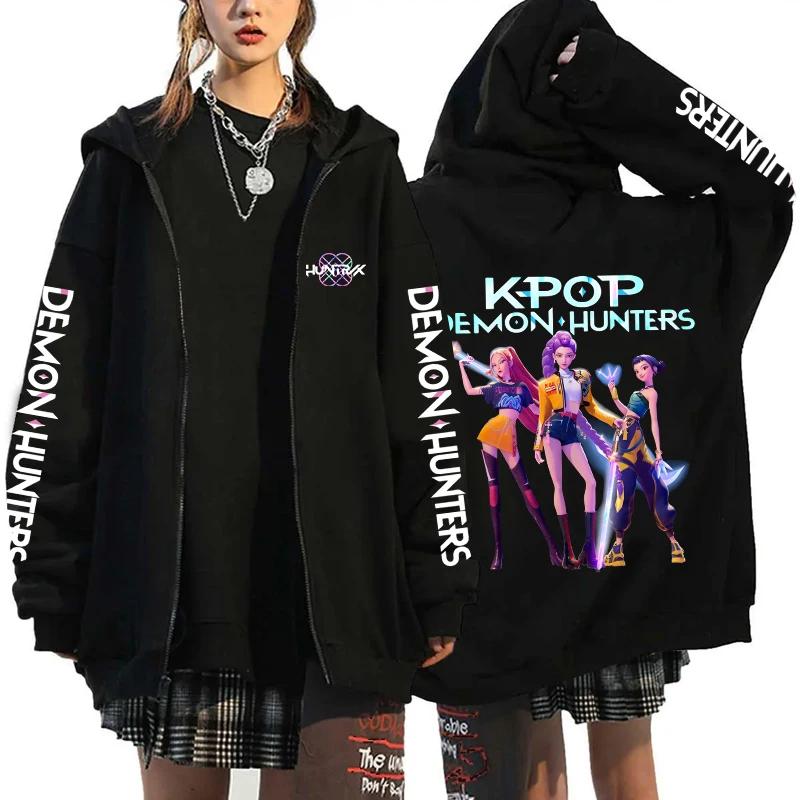 Hot Kpop Demon Hunters Printed Hoodies Hip-hop Zipper Hoodies Autumn Winter Streetwear Sweatshirt Women Men Long Sleeve Zip Coat