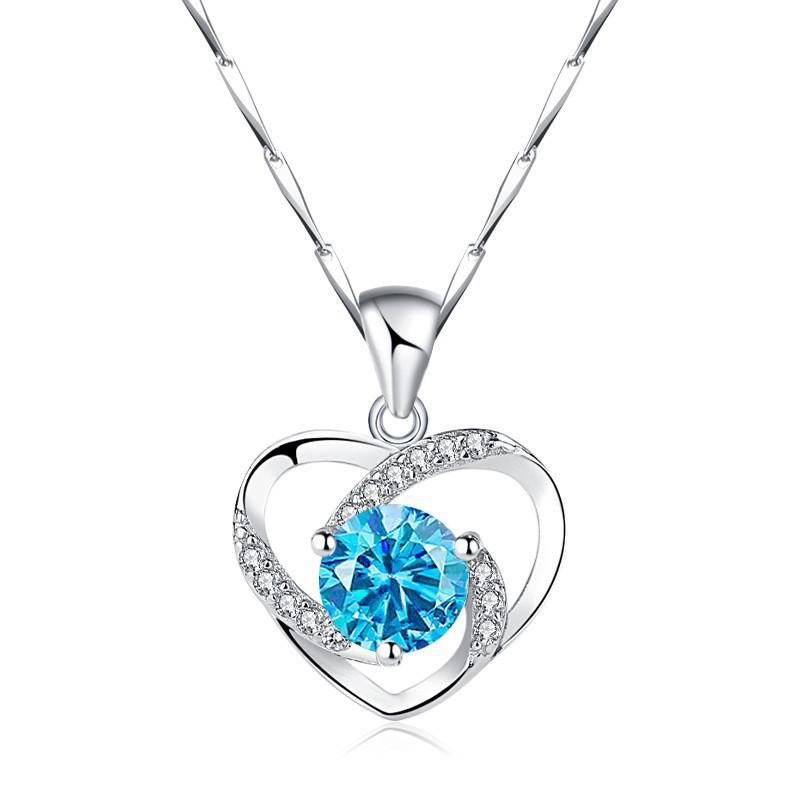 Silver Plated Diamond Sapphire Necklace Eternal Crystal Clavicle Chain Simple Niche Sun Heart Pendant Item Jewelry