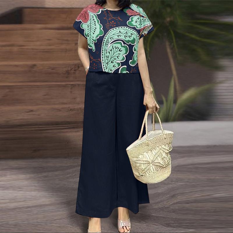 

ZANZEA Женская футболка с коротким рукавом и принтом и брюки Летние комплекты из двух предметов 5XL тёмно-синий