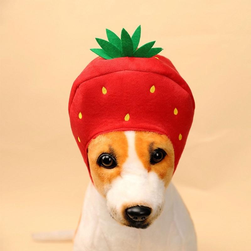 Dog Strawberry Costume Hood Hat, Soft Plush Pet Photo Hat for Halloweens Party Dressingup, Theme Event, and Quick Pullon Costume Styling