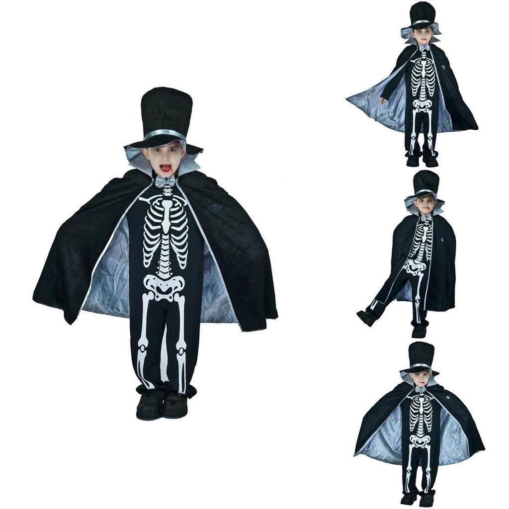Kids Boy Skeleton Skull Ghost Cloak Halloween Cosplay Party Outfit Costume