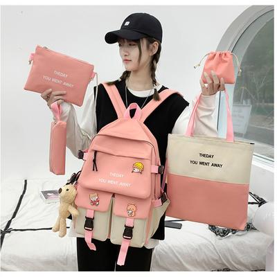 5 PCS Set Canvas Schoolbags Women's Fashion Color-block Middle School Student Backpack Trendy Letter Campus Book Bags for Girls