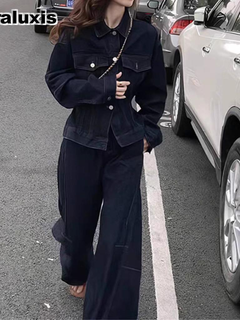 Koreanischer Stil Übergröße Damen Vintage Denim Jacken-Set mit Weitbein-Hosen Outfit für Herbst/Winter