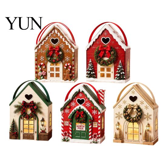 Festive Cabin Packaging Christmas Wonderland Cottage Gift Box, House Shaped Paper Treat Boxes, Holiday Snack Storage Boxes Holder with Handle