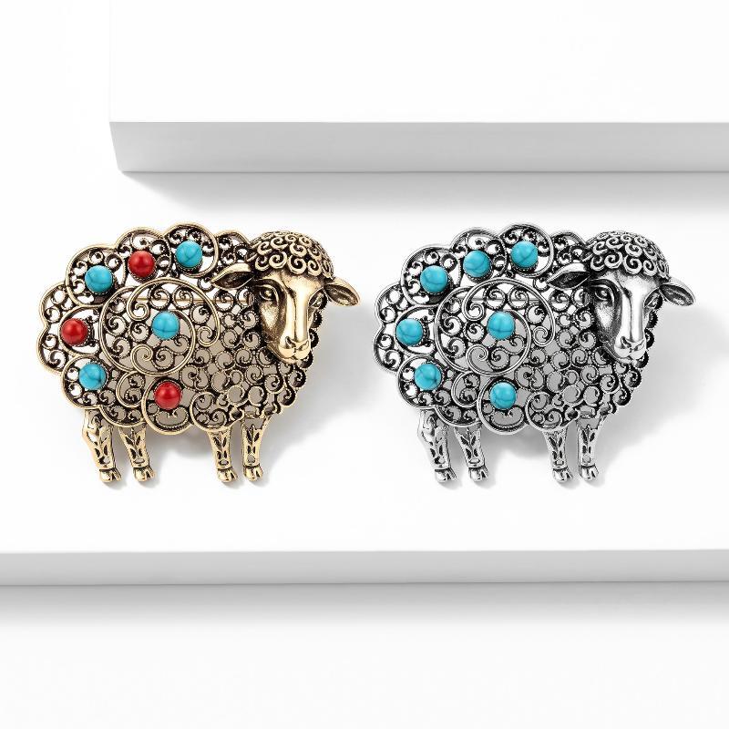 Retro Style Hollow Sheep Brooch Antique Silver Turquoise Stone Lapel Pin Clothing Decor for Women Formal Evening Dress