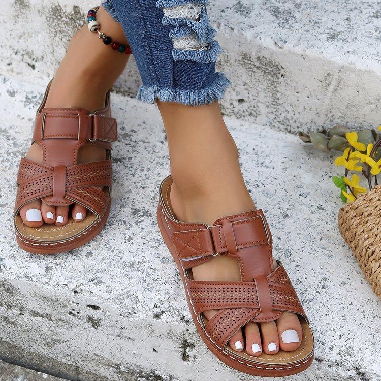Exclusive for 2025202544 Large Size Women's Shoes Hollow Wedge Heel Velcro Sandals Women's Thick-soled Half Slippers