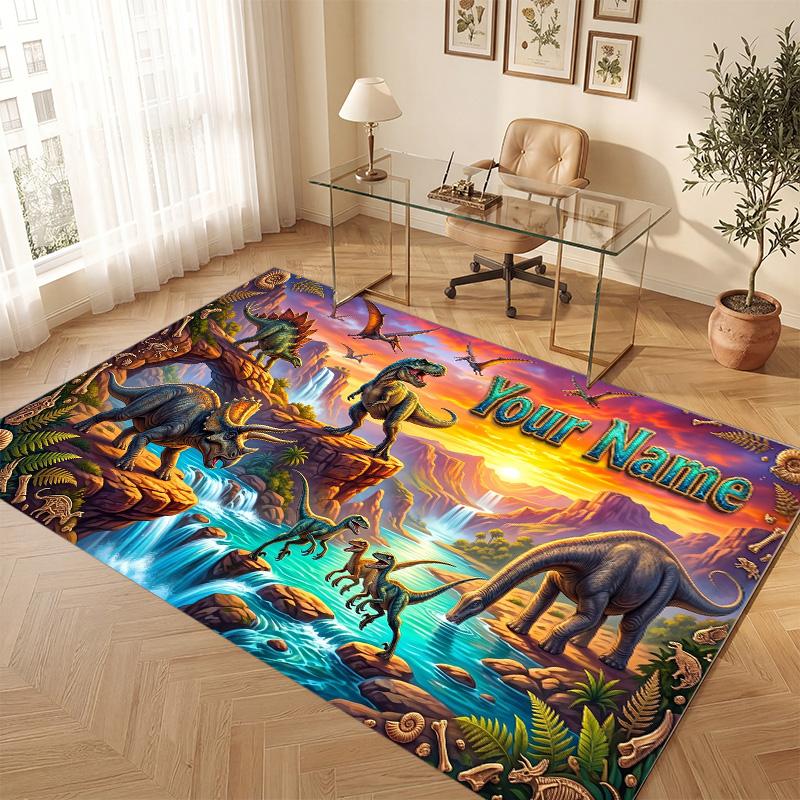 Dinosaur Theme Soft Crystal Velvet Rug Custom Name & Text Print Non Slip Floor Rug for Bedroom Living Room