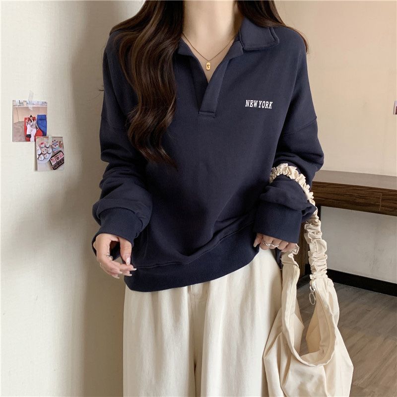 Autumn and Winter Thin Section of Long-sleeved T-shirt Female Polo Shirt Thin Age Reduction Letter Print Loose Hundred Lapel Sweater