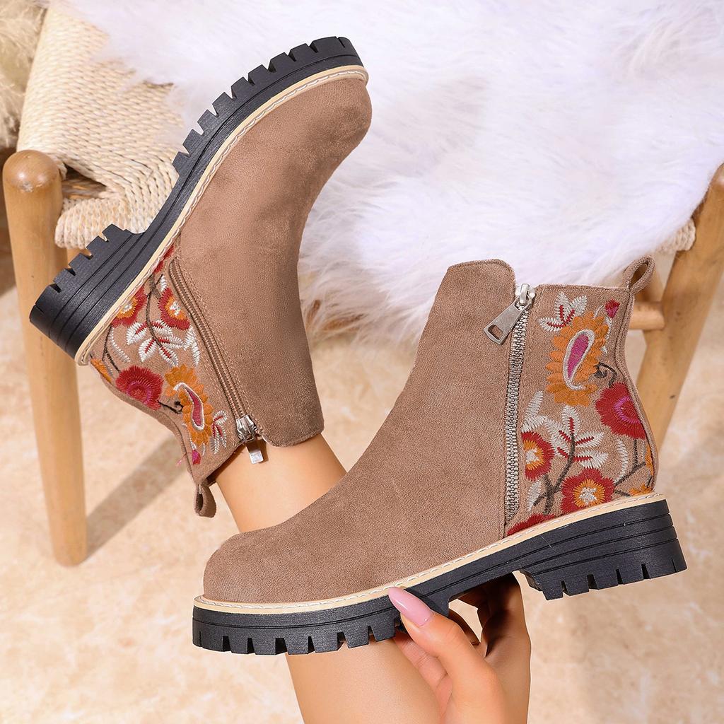 Winter 2025 Suede Print Booties Women's Plus Size Side Zipper Vintage Round Toe Muffin Martin Boots