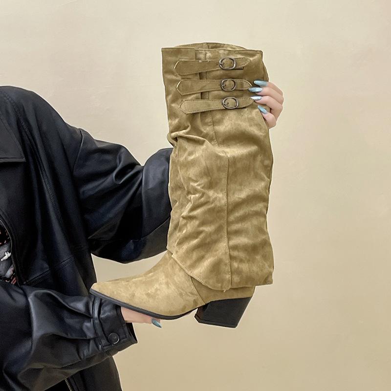 

Высокие плиссированные ботинки с отворотом, съемные, два варианта носки, ботинки-лодочки с острым носком, осенняя мода, ботфорты на высоком каблуке, женские ботинки 39 хаки