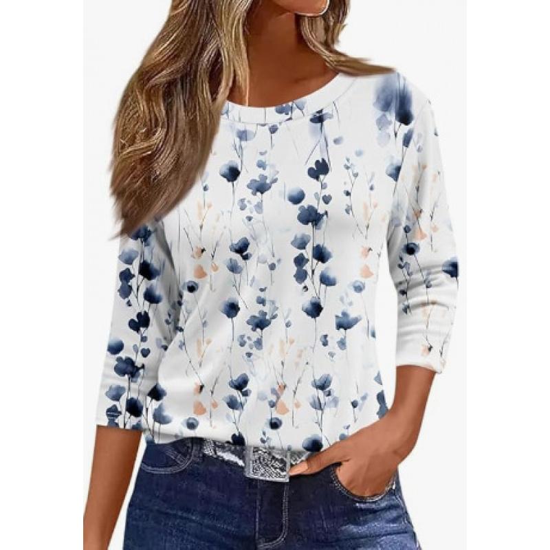 Spring and Summer New Women's Slim Fit Imitation Cotton Round Neck Printed Solid Color Three-quarter Sleeve Long Sleeve