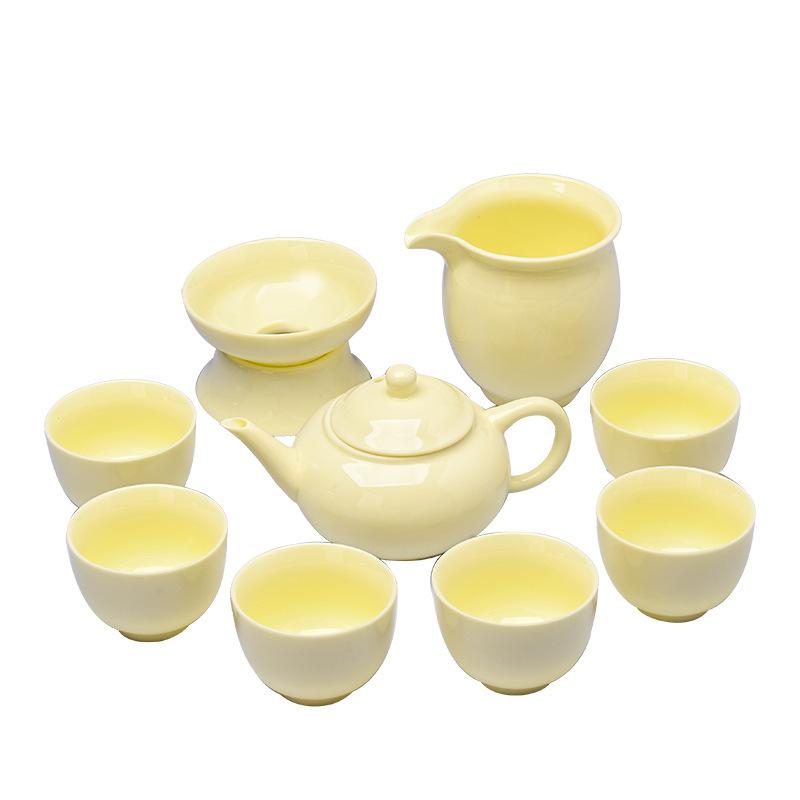 Ceramic Suet Jade Gem Yellow Tea Set Ten-piece Set High-end Gift Box Teapot Teacup Living Room Household Solid Color