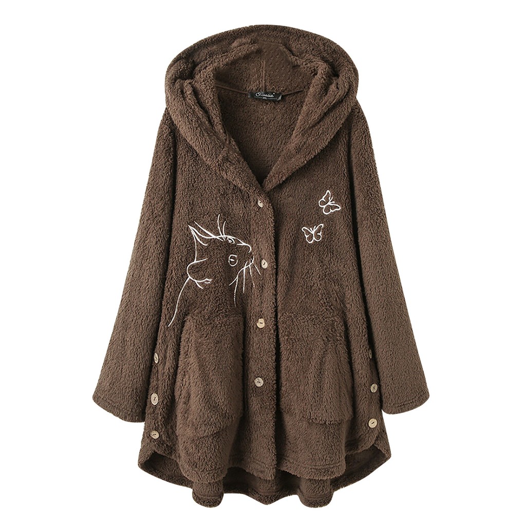 Dámské plyšové topy s potištěným knoflíkem Zimní bunda s volným svetříkem z vlny a kapucí