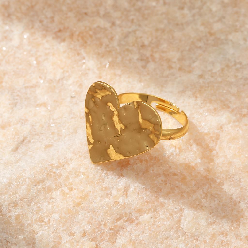 Golden Plated Hammered Heart Open Adjustable Ring for Women Elegant Statement Jewelry Gift